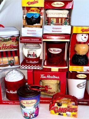 Tim Horton’s Christmas Ornaments Lot 11 Timbits Mug Coffee Bean Sack Snow Globe
